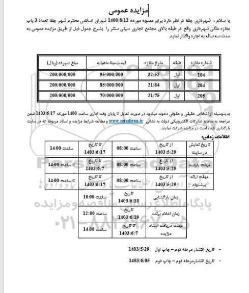 مزایده واگذاری سه باب مغازه