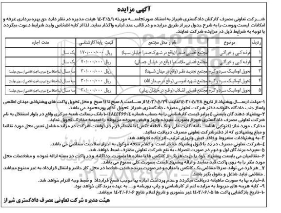 مزایده حق بهره برداری غرفه و امکانات