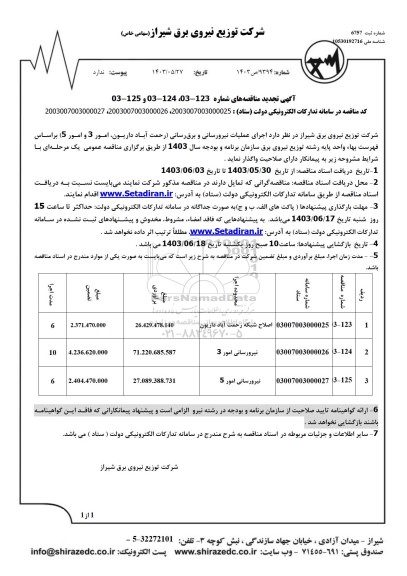 تجدید مناقصه اصلاح شبکه و نیرورسانی