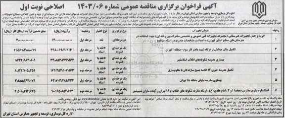 اصلاحیه مناقصه خرید و حمل تجهیزات هنرستانی مجموعه تجهیزات فنی عمومی و تخصص مشترک بین رشته ای....