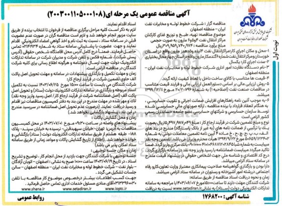 مناقصه تهیه، طبخ و توزیع غذای کارکنان مراکز انتقال نفت 4 و 5 و 6 مارون به صورت حجمی 