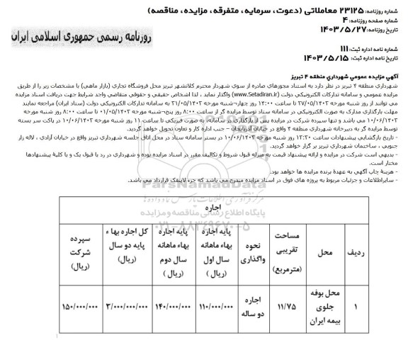 مزایده واگذاری محل فروشگاه تجاری بازار ماهی