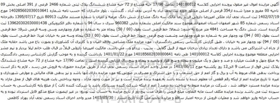 آگهی مزایده حبه مشاع از 72 حبه مشاع ششدانگ پلاک ثبتی شماره 2466 فرعی از 391 اصلی بخش 09