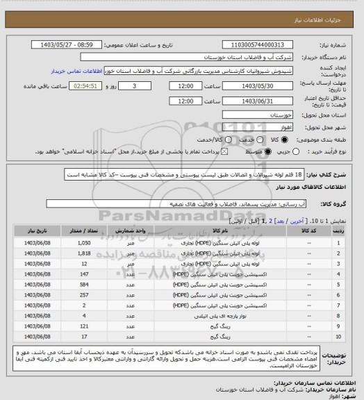 استعلام 18 قلم لوله شیرالات و اتصالات طبق لیست پیوستی و مشخصات فنی پیوست –کد کالا مشابه است