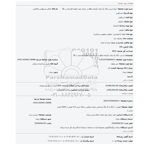 مزایده، شش دانگ یک واحد آپارتمان واقع در خیابان بعثت کوچه افشاری پ 30