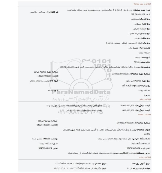 مزایده، فروش 1 دانگ از 6 دانگ مشاعی  واحد ویلایی به آدرس خیابان بعثت کوچه شهید افشاری پلاک33
