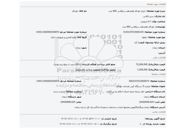 مزایده، خودکار هفتدهم سیکلاس 900 عدد