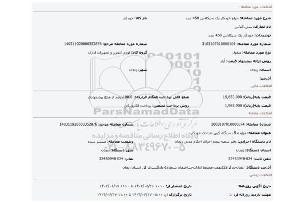 مزایده، خودکار یک سیکلاس 450 عدد
