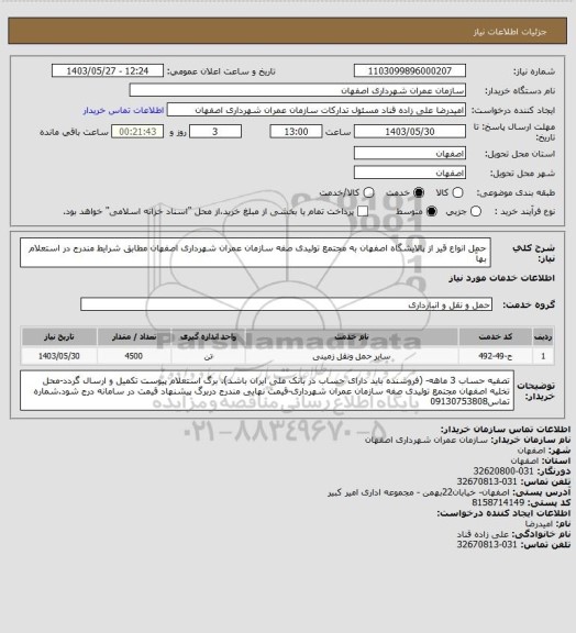استعلام حمل انواع قیر از پالایشگاه اصفهان به مجتمع تولیدی صفه سازمان عمران شهرداری اصفهان مطابق شرایط مندرج در استعلام بهاَ