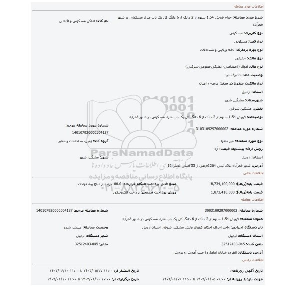 مزایده، فروش 1.54 سهم از 2 دانک از 6 دانگ کل یک باب منزل مسکونی در شهر فخرآباد