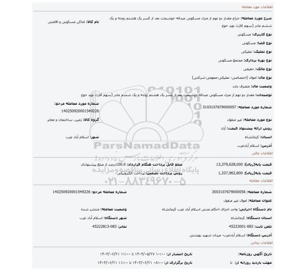 مزایده، مقدار دو نهم از منزل مسکونی عبداله خوشبخت بعد از کسر یک هشتم زوجه و یک ششم مادر (سهم الارث نوید خوخ
