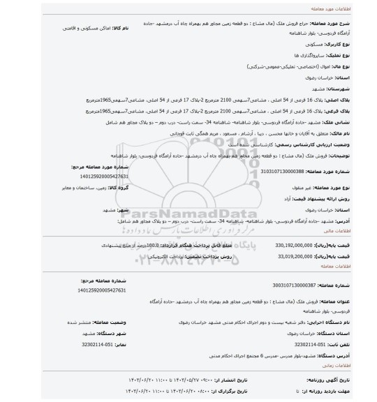 مزایده، فروش ملک (مال مشاع : دو قطعه زمین مجاور هم  بهمراه چاه آب درمشهد -جاده آرامگاه فردوسی- بلوار شاهنامه