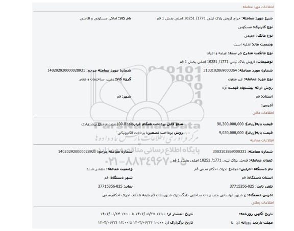 مزایده، فروش پلاک ثبتی 1771/ 10251 اصلی بخش 1 قم