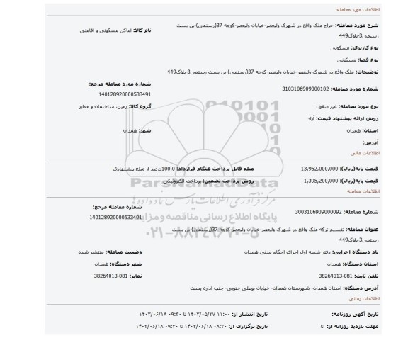مزایده، ملک واقع در شهرک ولیعصر-خیابان ولیعصر-کوچه 37(رستمی)-بن بست رستمی3-پلاک449