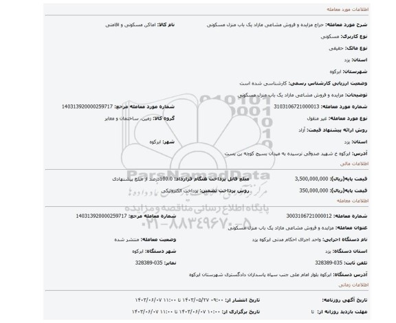 مزایده، مزایده و فروش مشاعی مازاد یک باب منزل مسکونی