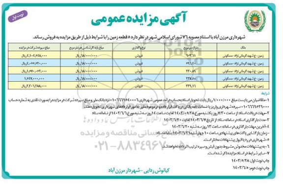 مزایده فروش 5 قطعه زمین کاربری مسکونی 