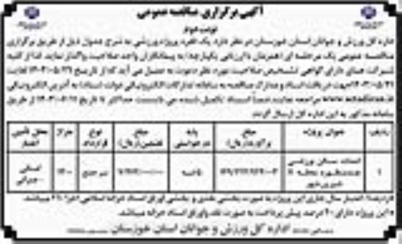 مناقصه عمومی احداث سالن ورزشی چندمنظوره محله 11 شیرین شهر - نوبت دوم 