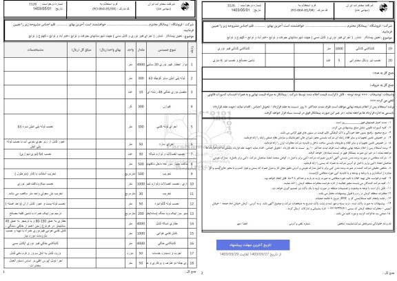 استعلام تعیین پیمانکار شناور (اجرای فیبر نوری و کابل مسی) جهت شهرستانهای جیرفت و توابع - عنبرآباد و توابع- کهنوج و توابع