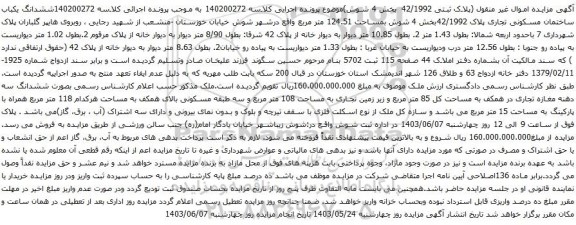 آگهی مزایده ششدانگ یکباب ساختمان مسکونی تجاری پلاک 42/1992بخش 4 شوش بمساحت 124.51 متر مربع