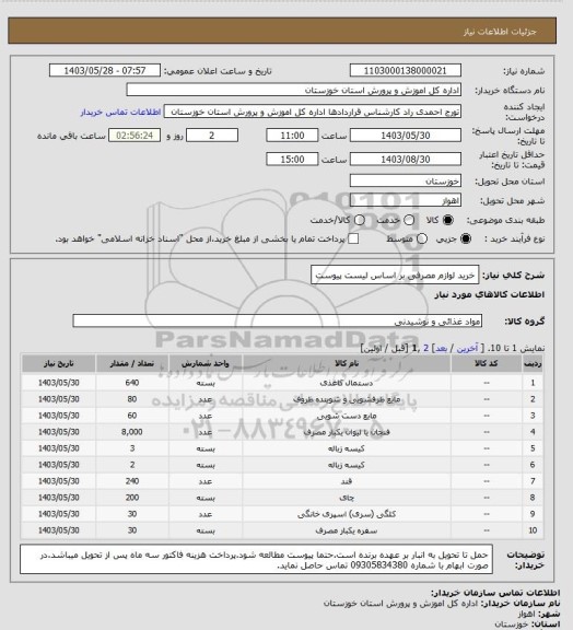 استعلام خرید لوازم مصرفی بر اساس لیست پیوست