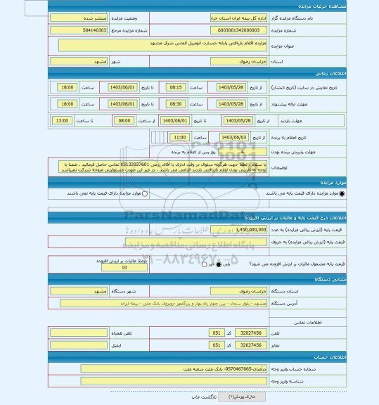 مزایده ، مزایده اقلام بازیافتی پایانه خسارت اتومبیل الماس شرق مشهد