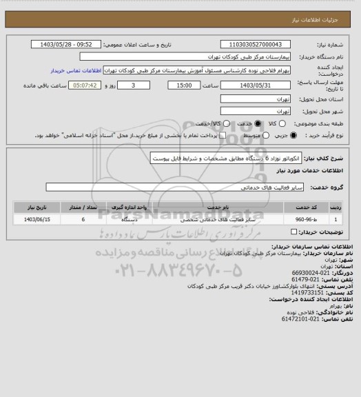 استعلام انکوباتور نوزاد 6 دستگاه مطابق مشخصات و شرایط فایل پیوست
