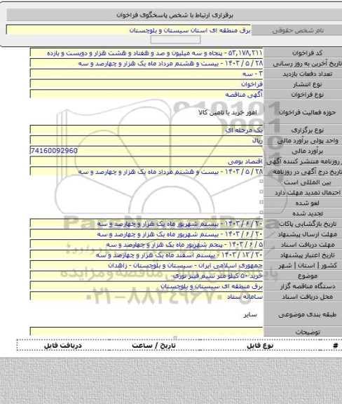 مناقصه, خرید ۵۰ کیلو متر سیم فیبر نوری