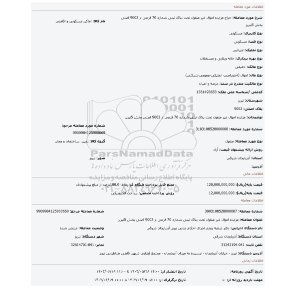 مزایده، مزایده اموال غیر منقول تحت پلاک ثبتی شماره 70 فرعی از 9002 اصلی بخش 5تبریز