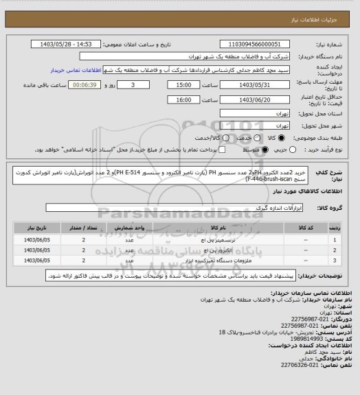 استعلام خرید 2عدد الکترود PHو2 عدد سنسور PH (پارت نامبر الکترود و سنسور PH E-514)و  2 عدد اتوبراش(پارت نامبر اتوبراش کدورت سنج F-446-brush-iscan)