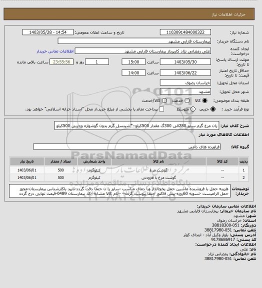 استعلام ران مرغ گرم سایز 280الی 300گ مقدار 500کیلو--*شینسل گرم  بدون گوشواره وچربی 500کیلو