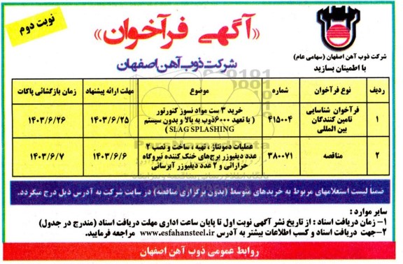 مناقصه خرید 3 ست مواد نسوز کنورتور ...... نوبت دوم 