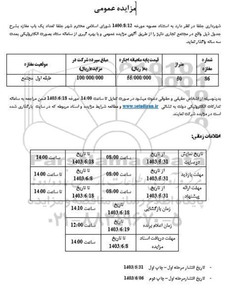 مزایده واگذاری تعداد یک باب مغازه