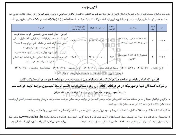 مزایده فروش دو باب ساختمان با کاربری تجاری مسکونی