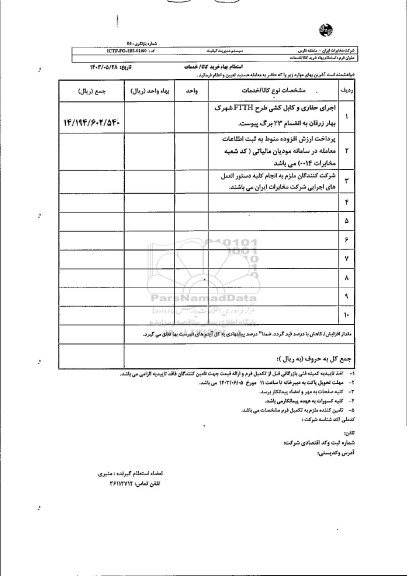 استعلام اجرای حفاری و کابل کشی طرح FTTH شهرک بهار 