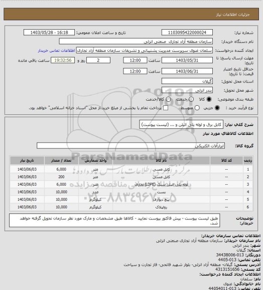 استعلام کابل برق و لوله پلی اتیلن و ... (لیست پیوست)