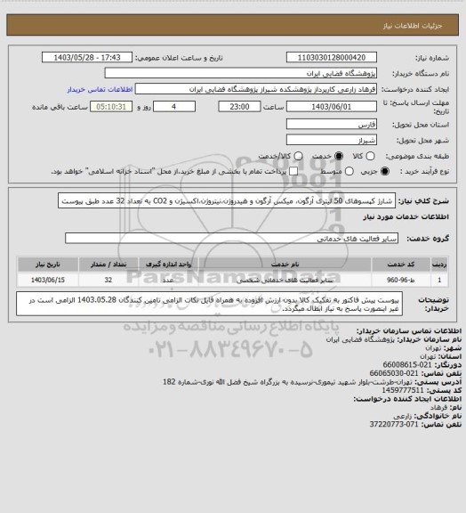 استعلام شارژ کپسوهای 50 لیتری آرگون، میکس آرگون و هیدروژن،نیتروژن،اکسیژن و CO2 به تعداد 32 عدد طبق پیوست