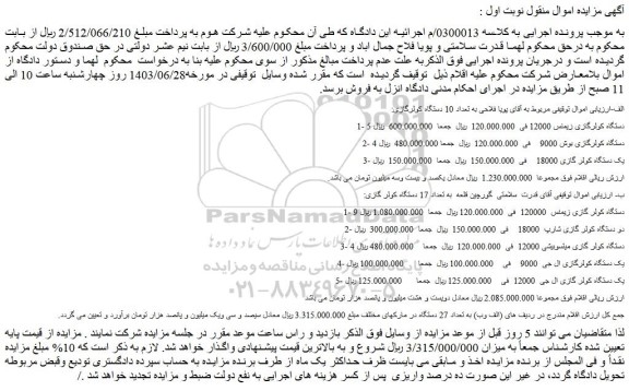 مزایده فروش 5 دستگاه کولرگازی زیمنس 12000 و..