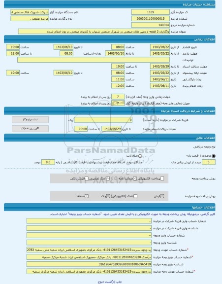 مزایده ، واگذاری 2 قطعه از زمین های صنعتی در شهرک صنعتی شهاب با کاربری صنعتی در زون اعلام شده -مزایده زمین  - استان قم