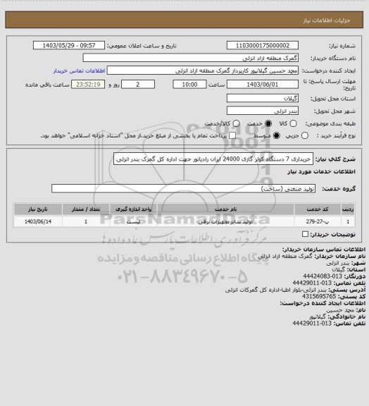 استعلام خریداری 7 دستگاه کولر گازی 24000 ایران رادیاتور جهت اداره کل گمرک بندر انزلی