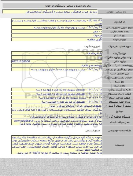 مناقصه, بکارگیری نیروی حفاظت مسلحانه و غیرمسلحانه از موزه ها و خانه های تاریخی اداره کل