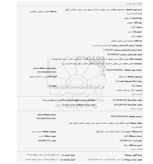 مزایده، فروش قطعات زمین متعلق به ماترک مرحوم حسین نعمتی کچائی ( وفق نظریه کارشناسی)