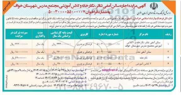 مزایده اجاره سالن آمفی تئاتر، نگارخانه و کلاس آموزشی مجتمع مدرس نوبت دوم