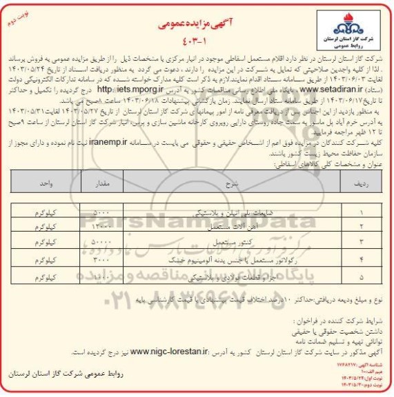 مزایده فروش اقلام مستعمل اسقاطی...-