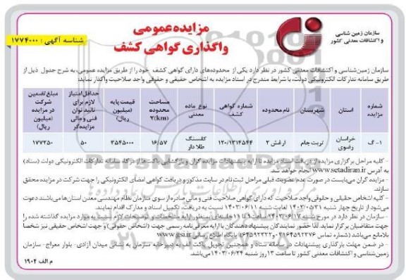 مزایده واگذاری گواهی کشف