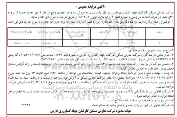 مزایده فروش سه واحد تجاری