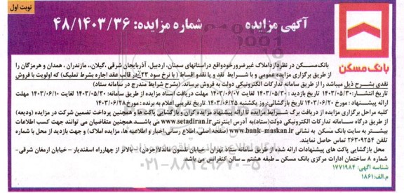 مزایده فروش املاک غیرضرور بانک
