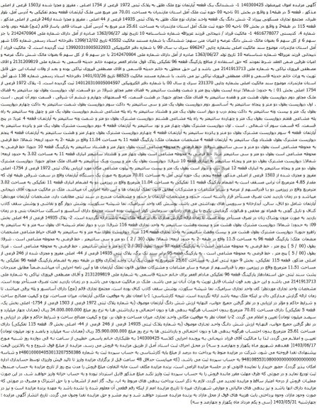 آگهی مزایده ششدانگ یک قطعه آپارتمان نوع ملک طلق به پلاک ثبتی 1972 فرعی از 1754 اصلی