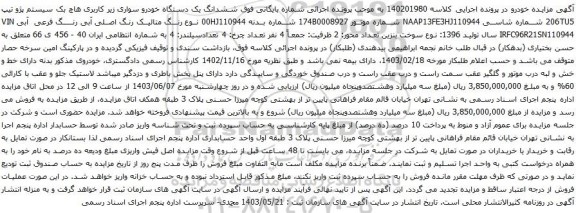 آگهی مزایده ششدانگ یک دستگاه خودرو سواری زیر کاربری هاچ بک سیستم پژو تیپ 206TU5