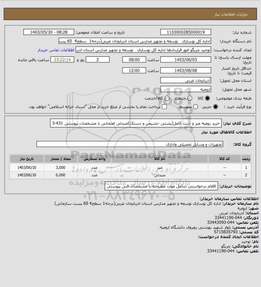 استعلام خرید رومیه میز و ست کامل(پشتی -نشیمن و دستک)صندلی امتحانی با مشخصات پیوستی 431-3