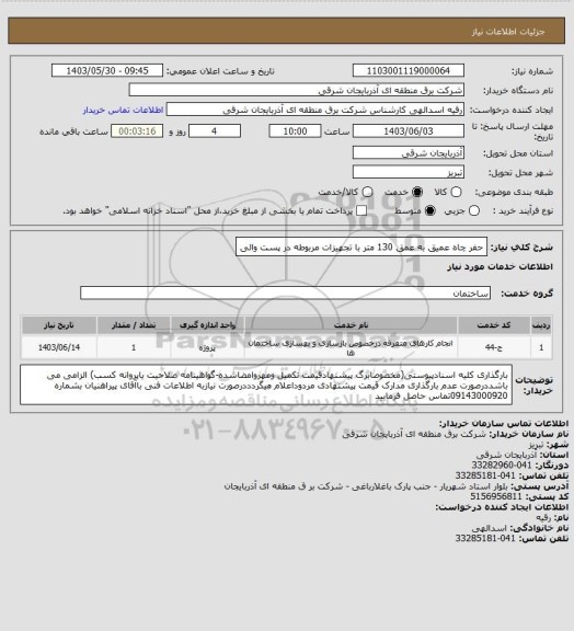 استعلام حفر چاه عمیق به عمق 130 متر با تجهیزات مربوطه در پست والی